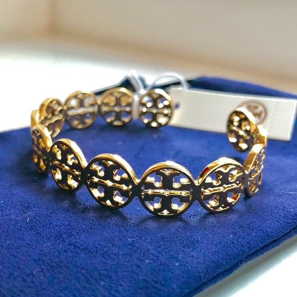 NWT Tory Burch Gold Logo Cuff Shiny Brass Bracelet - Picture 2 of 7
